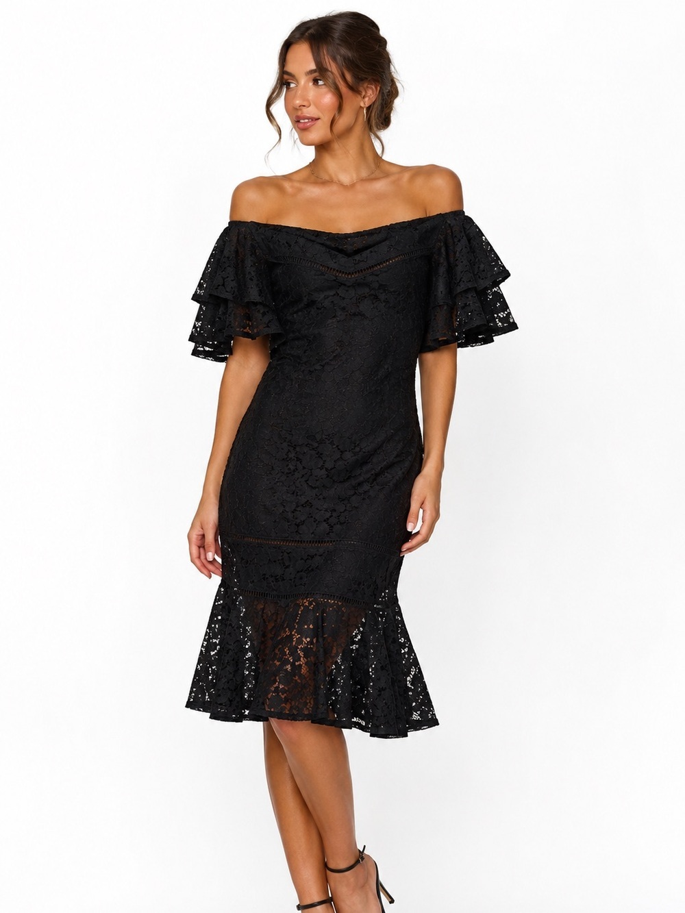 NWT Klesis Black Lace Off Shoulder Flutter Sleeve  Cocktail Evening Dress Sz S